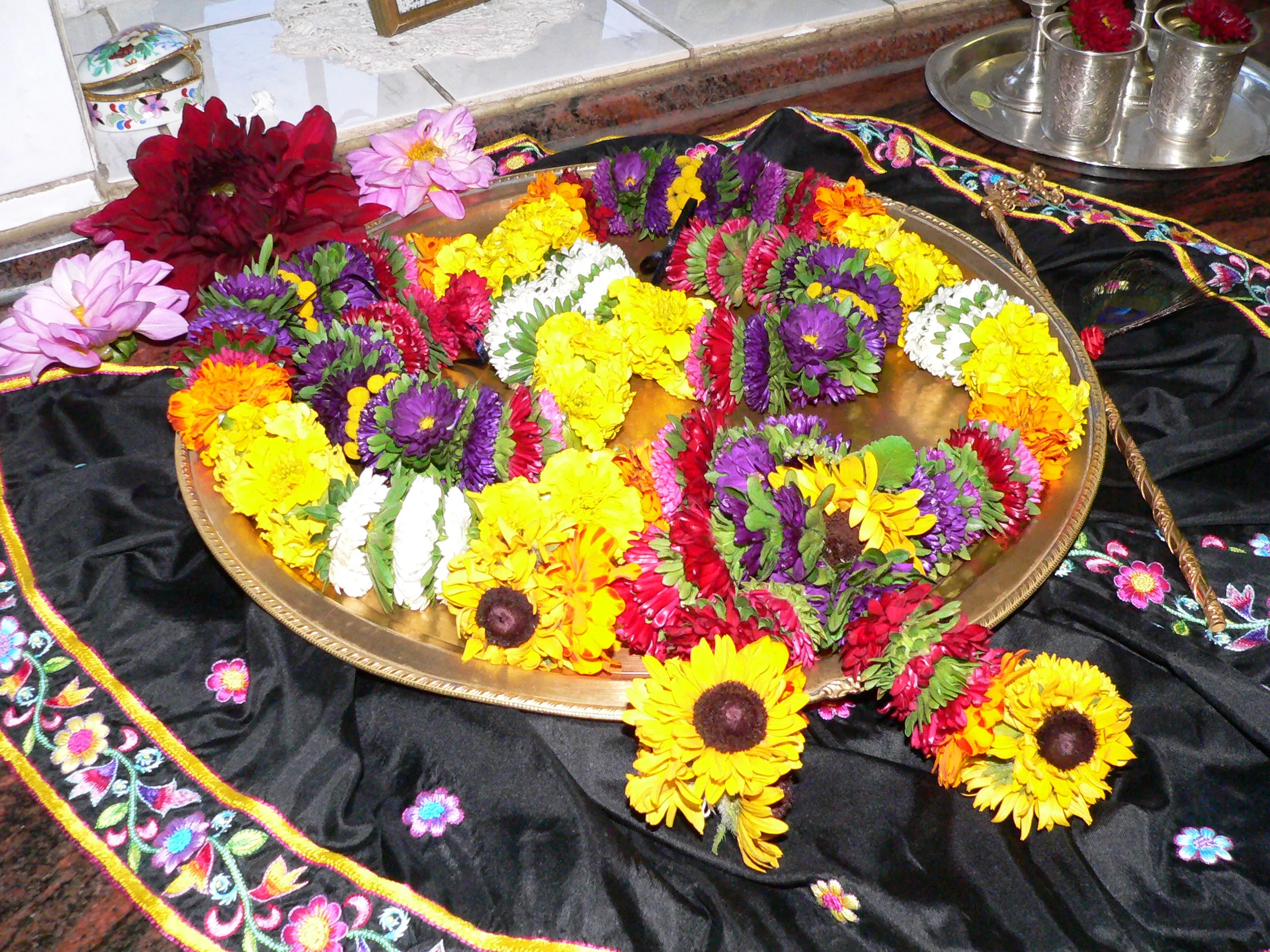Handmade flower garlands offered to the Deities